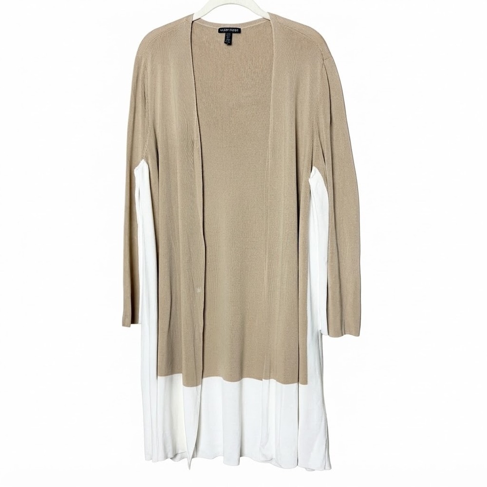 Eileen Fisher Tan White Colorblock Tencel Lyocell Longline Cardigan XL Sweater